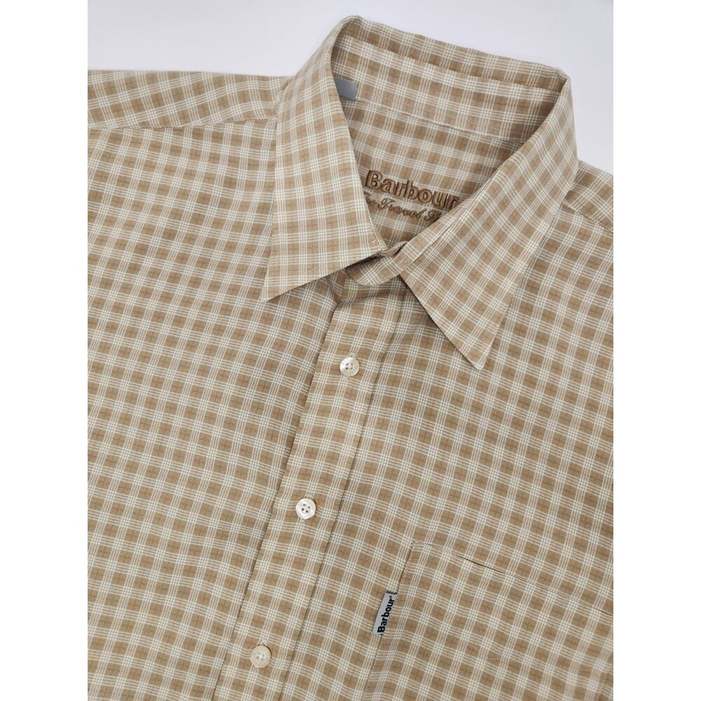 Barbour The Travel Shirt Men's M Beige Short Sleeve Button Up Plaid